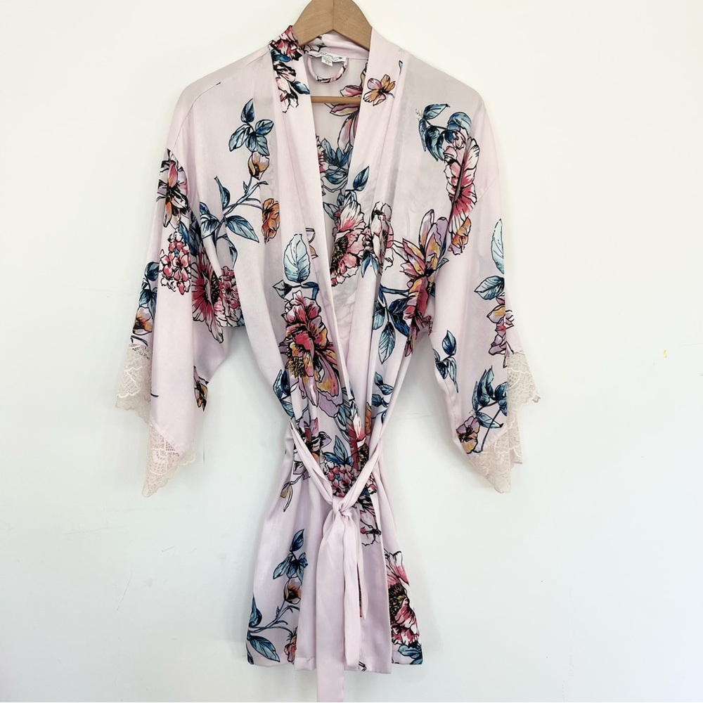 Inbloom by Jonquil Floral Pink Kimono Robe Lace Trim Bride Wedding Bridesmaid ML